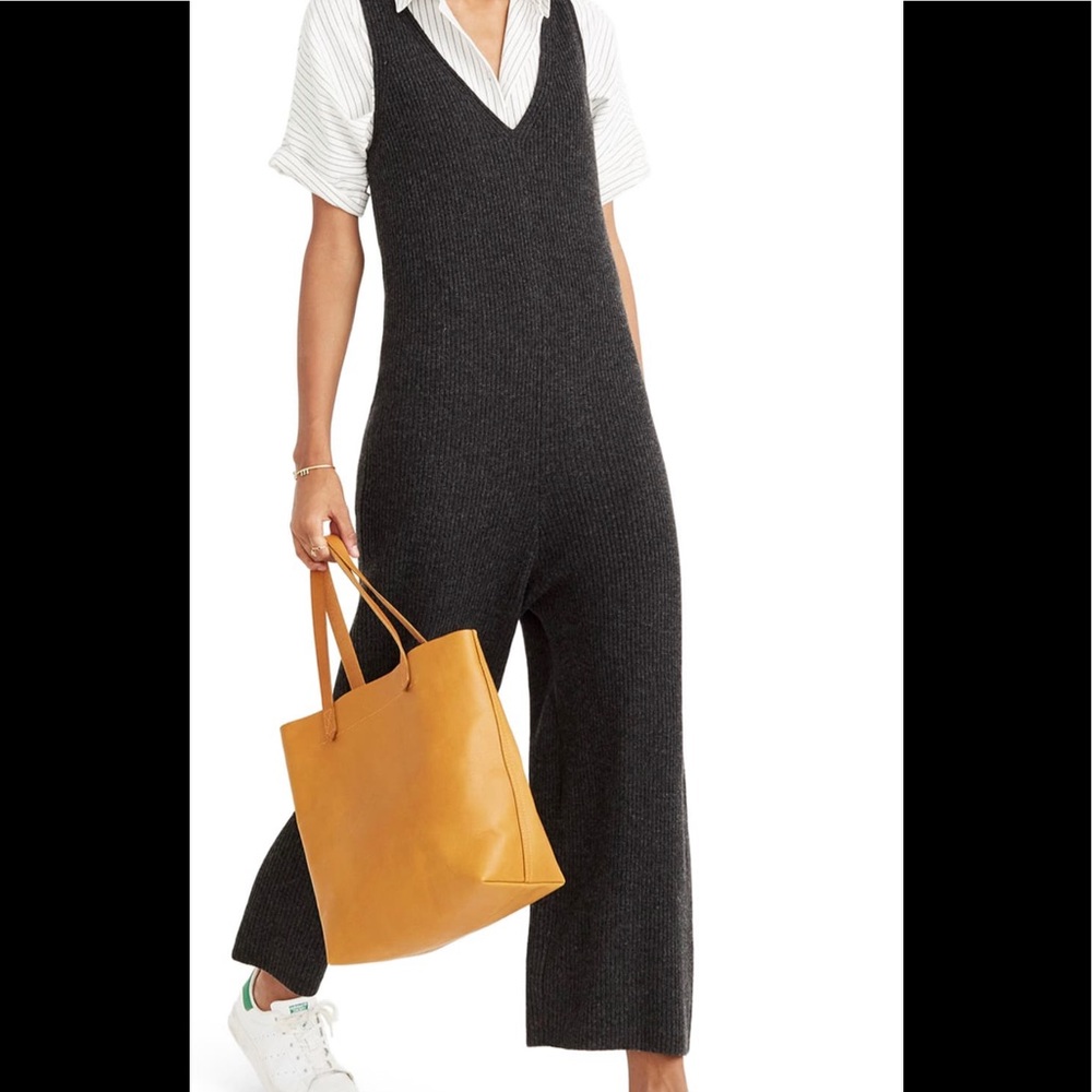 Madewell Charcoal Knit V-Neck Wide-Leg Jumpsuit